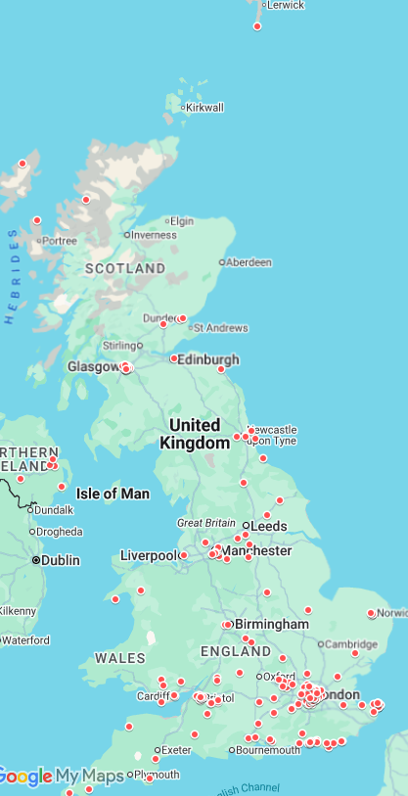 Map showing distribution of artists in UK that received funding in 2025